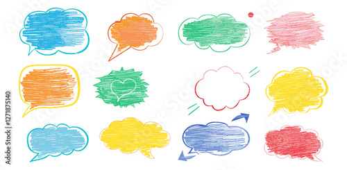 Crayon frame, speech bubble set, hand drawn chalk pencil, children doodle, dialog balloon, colorful text cloud, cute speech bubble, crayon background, fun design, vector illustration.