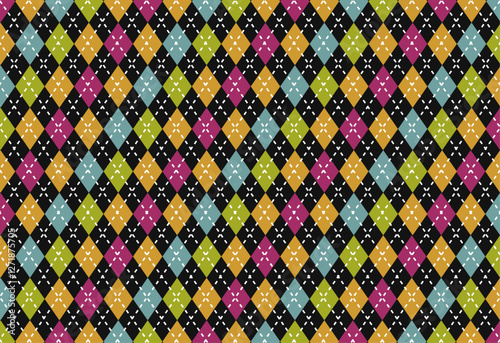Seamless colorful harlequin or argyle pattern with diamonds on a black background. Vibrant geometric design for textiles, wallpapers, and digital backgrounds.