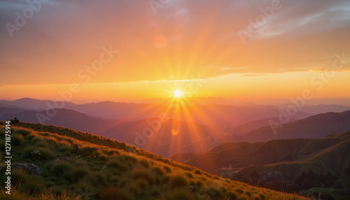 Breathtaking sunrise illuminating rolling hills, morning serenity