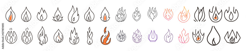 Vector icon set, flames, fire, flame icons, linear stroke, editable line, various shapes, fire symbol, flame design, graphic illustration, fire shapes, vector artwork, flame line icons