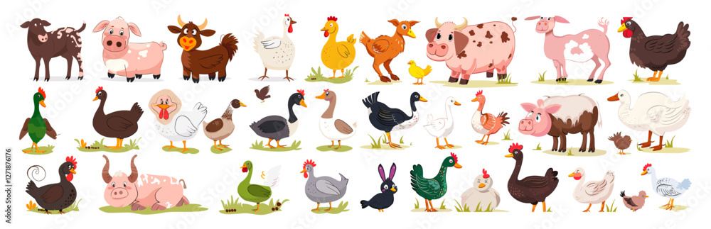 Fototapeta premium Vector illustration of cute farm animals, livestock, cartoon farming pets, cow, pig, sheep, goat, rabbit, duck, goose, hen, farm birds, farmyard animals, funny farm pets