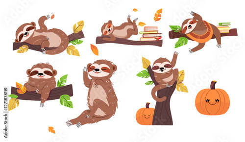 Flat vector illustration sloth, sleeping on branch, riding scooter, doing yoga, climbing tree, hanging, coffee mug, pumpkin, books, backpack, lazy mother, baby sloth