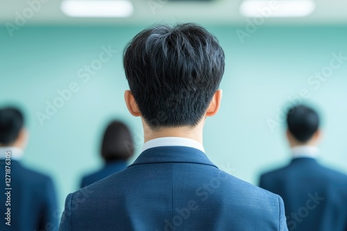 A group of professionals in suits, viewed from behind, standing in a modern office setting with a muted background.
