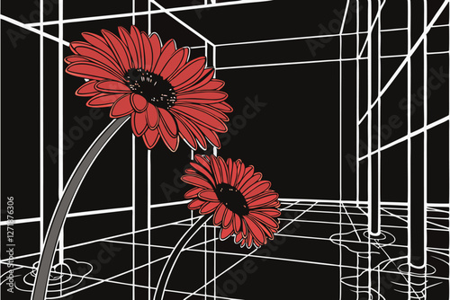 35 Dark moody background, vibrant red gerbera daisies, minimalist wire frame structures, reflective surface, dramatic contrast, surreal composition, black and white with red accents, abstract art inst
