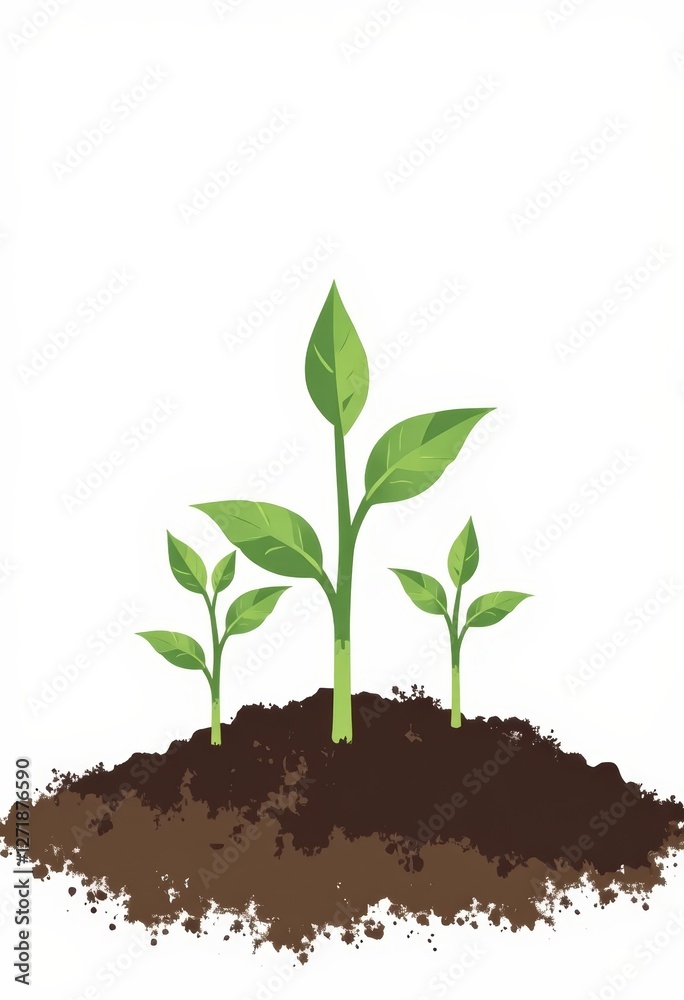 Wide format green sprouts emerging from soil, minimalist flat color illustration, copyspace for text