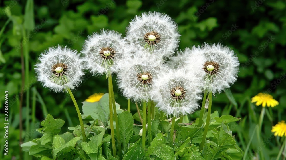 Closeup of Fluffy White Dandelion Seed Heads Against a Green Background Closeup of Fluffy White Dandelion Seed Heads Against a Green Background