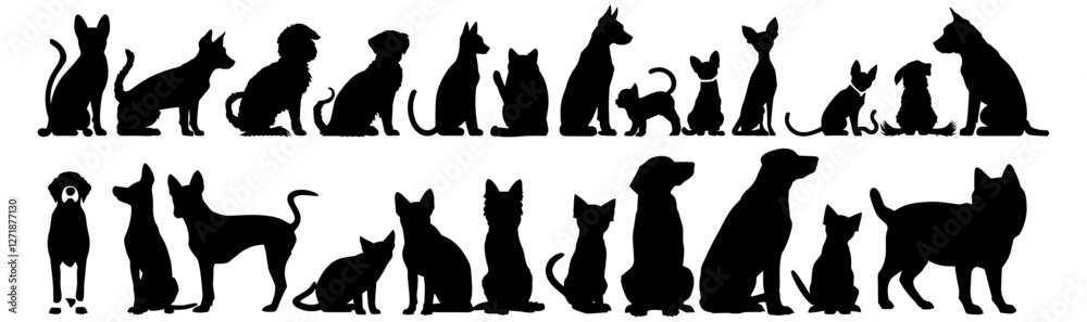 Naklejka premium Vector illustration of a group of cats and dogs, standing or sitting, silhouette collection, animals, pets, front view, animal lovers, cat and dog silhouettes, vector art, pet lovers