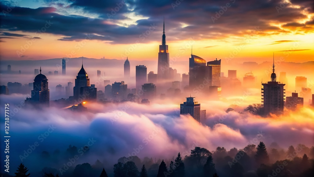 Fototapeta premium Foggy City Skyline Twilight - Dramatic Urban Landscape Photography