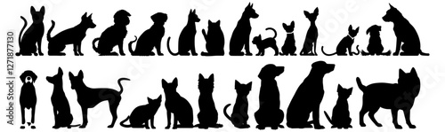 Vector illustration of a group of cats and dogs, standing or sitting, silhouette collection, animals, pets, front view, animal lovers, cat and dog silhouettes, vector art, pet lovers