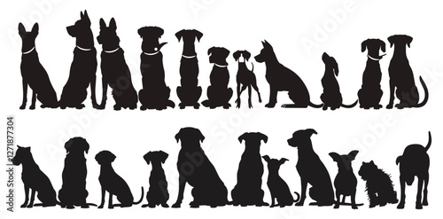 Vector illustration of dogs group, different breeds, standing or sitting, dog silhouettes, front view, animal collection, dog breeds, silhouette group, pet vector art