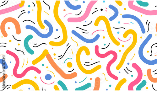 Trendy colorful line doodle pattern, fun seamless texture for children, minimalist creative art, abstract background design, vibrant playful lines and dots