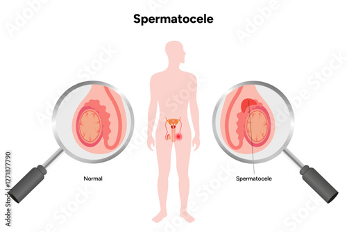 Spermatocele Testicular disease. Man reproductive health system pain testicle pathology problem. Medical diagram 