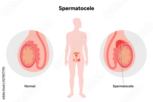 Spermatocele Testicular disease. Man reproductive health system pain testicle pathology problem. Medical diagram 