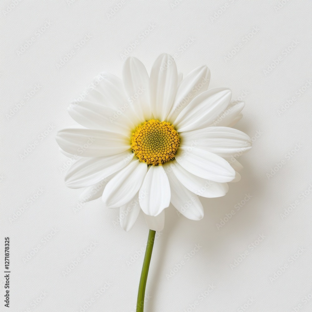 Flat lay of a white daisy perfectly isolated on a bright white surface, subtle lighting enhancing petal structure, simple and modern aesthetic, ultra-sharp focus Flat lay of a white daisy perfectly isolated on a bright white surface, subtle lighting enhancing petal structure, simple and modern aesthetic, ultra-sharp focus