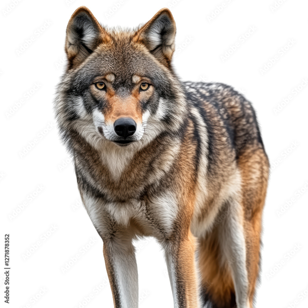 Fototapeta premium Majestic Wolf Staring Fiercely at the Camera on white background