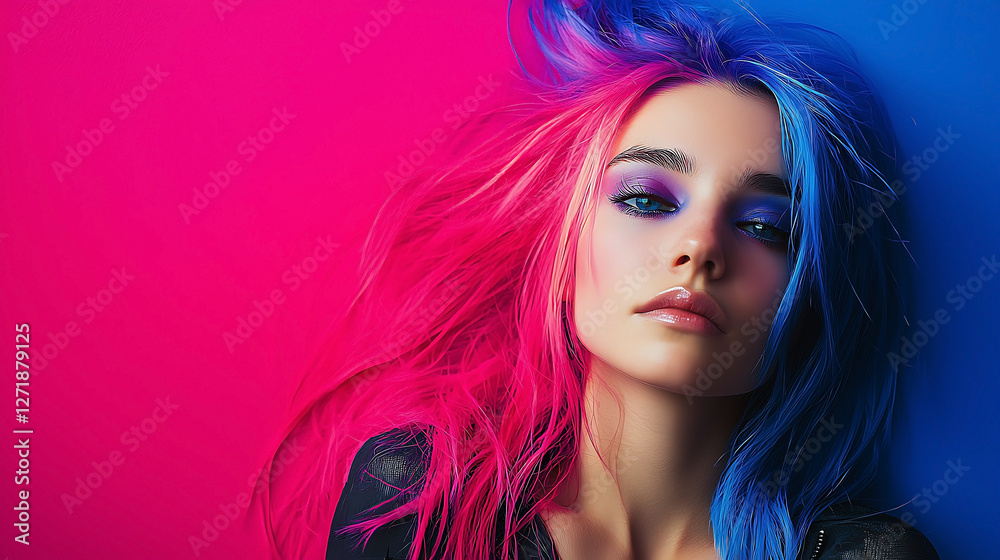 A woman with blue and pink hair is standing in front of a pink background A woman with blue and pink hair is standing in front of a pink background