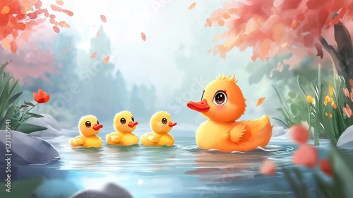 A watercolor illustration of a mother duck and her ducklings swimming peacefully in a river surrounded by soft flowers.  photo