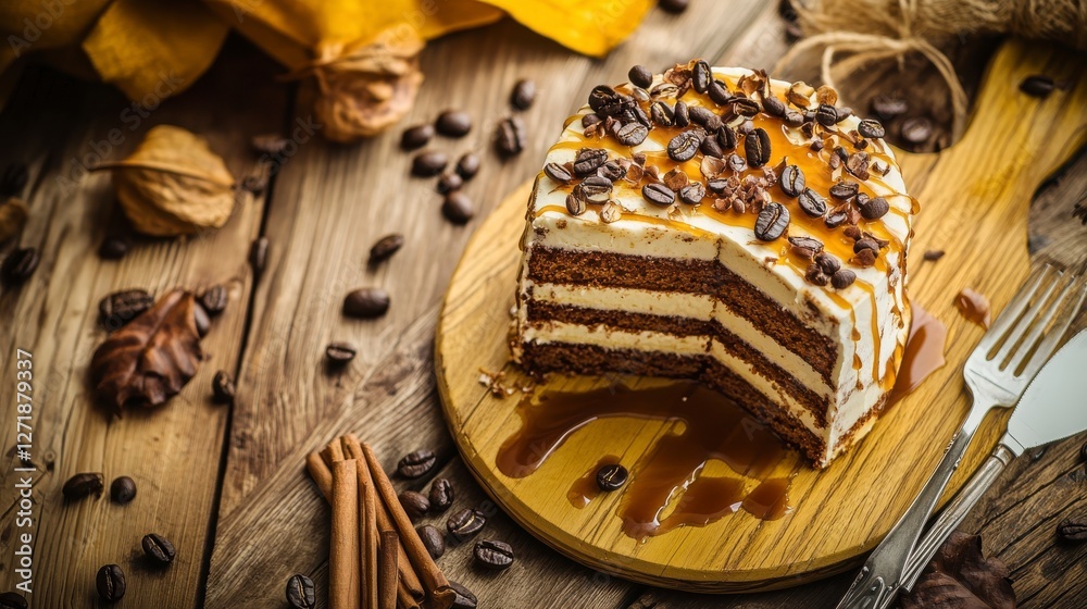 Fototapeta premium Autumnal Coffee Cake Slice with Caramel Drizzle and Coffee Beans - A Delicious Treat
