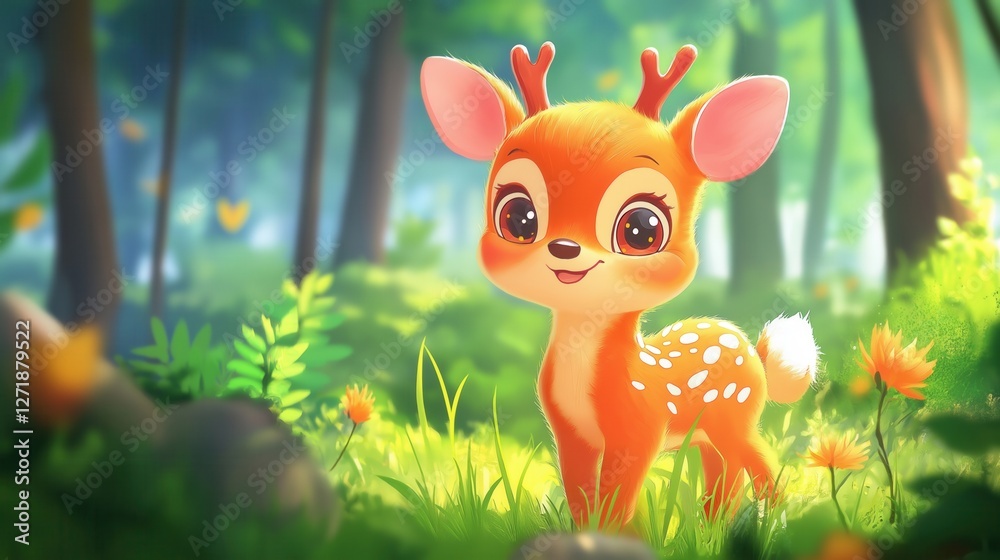 Fototapeta premium A charming watercolor illustration of a young deer standing amidst wildflowers. Perfect for children's books, nature-themed projects, or any creative work involving animals and the forest.