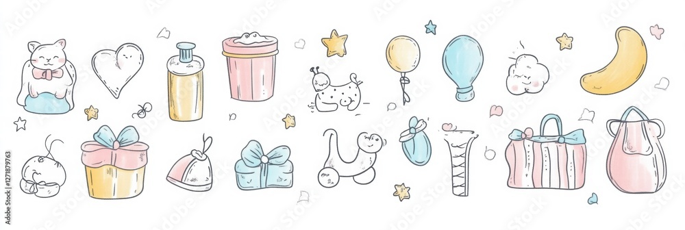Colorful collection of cute doodles featuring gifts and playful characters for a fun celebration theme. Generative AI Colorful collection of cute doodles featuring gifts and playful characters for a fun celebration theme. Generative AI