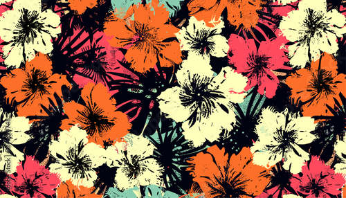 Tropical floral pattern, grunge hibiscus flowers, vintage patchwork wallpaper, seamless design, summer wear fabric, swimsuit, beach towel, tropical shirt fashion
