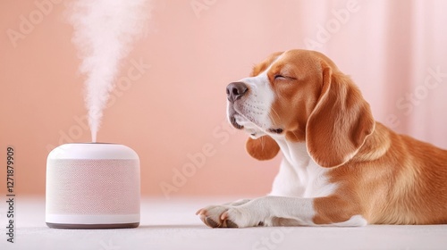 Beagle Relaxing With Aroma Diffuser Emitting Scent Creating a Calm and Peaceful Atmosphere Indoors Home Setting