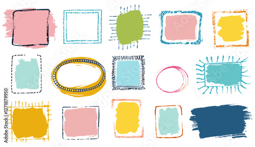 Hand drawn doodle color frame set, vector illustration, box, square, rectangle, circle shape, brush pen line stroke, scribble element, simple oval, text border, abstract decorative design