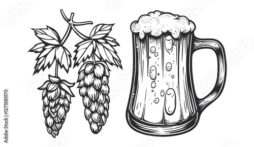 Vector illustration of hand drawn beer mug with foam, hops plant, vintage engraving, black alcohol drink, for brewery, poster, emblem, label, menu design, engraving style artwork