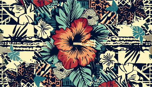 Tribal patchwork fabric design, Hawaiian hibiscus seamless pattern, abstract vintage vector print, floral pattern, retro fabric illustration, exotic tribal print, tropical fabric