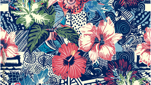 Abstract vintage pattern, tribal fabric design, Hawaiian hibiscus vector illustration, seamless fabric print, floral patchwork, tropical print, ethnic patchwork pattern
