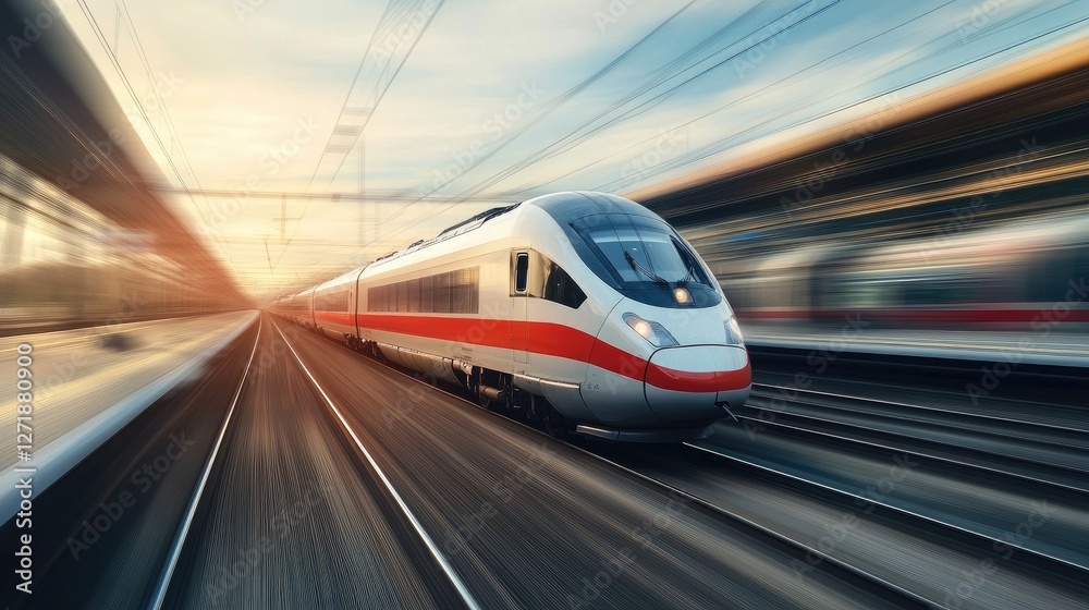 A high-resolution image of a sleek, modern train speeding through a scenic countryside, with motion blur conveying speed and efficiency. A high-resolution image of a sleek, modern train speeding through a scenic countryside, with motion blur conveying speed and efficiency.