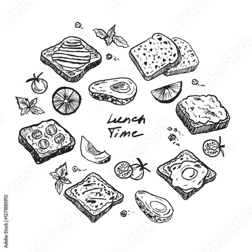 Lunch time with avocado toast. Hand drawn vector brush stroke textured grunge vintage illustration. Food art. Menu design. Round shape sandwich print with tomato, eggs, lemon, avocado