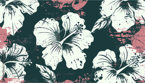 Floral seamless pattern vector hibiscus flowers Hawaiian style wallpaper, tropical nature, grunge design, vibrant colors, exotic flowers, summer, lush garden, floral art