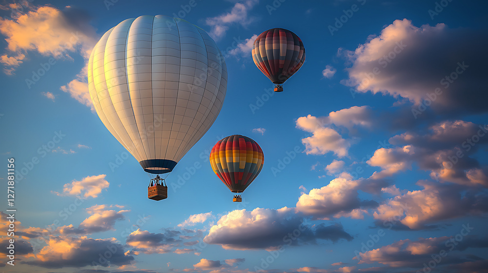 Obraz premium Three hot air balloons are flying in the sky, with one of them carrying a basket