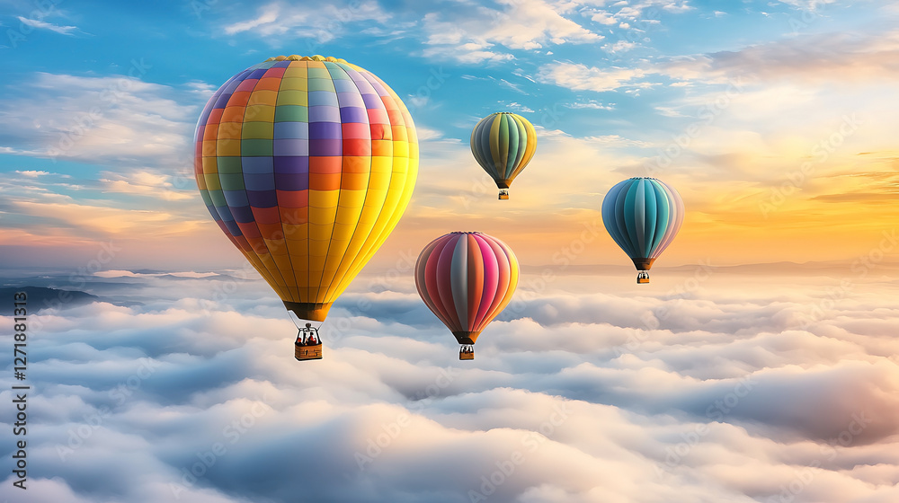 Naklejka premium Four hot air balloons are flying in the sky, with one of them being yellow