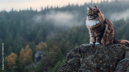Majestic Norwegian Forest cat sitting on rock, surrounded by misty forest. serene landscape enhances cat regal presence, creating tranquil atmosphere