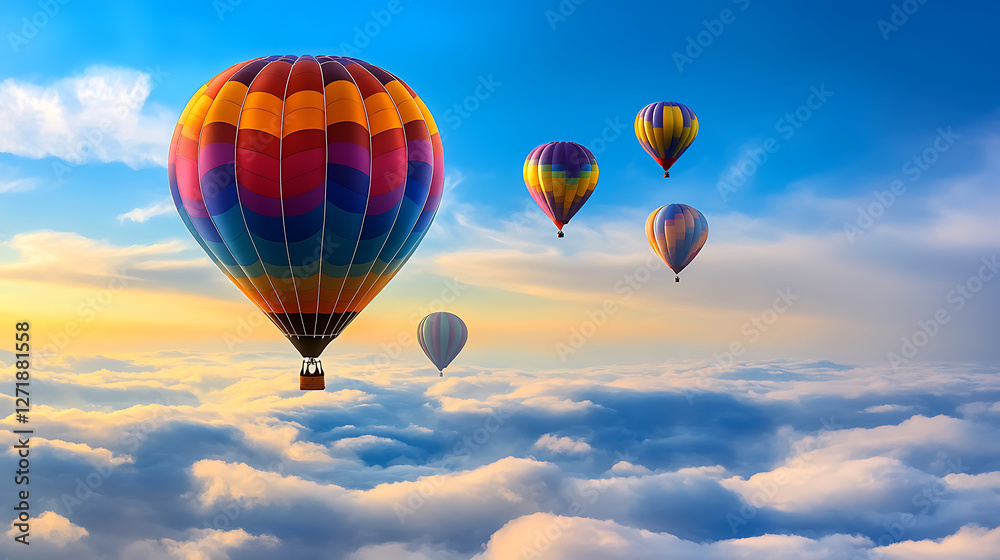 A colorful hot air balloon is flying in the sky with four other hot air balloons A colorful hot air balloon is flying in the sky with four other hot air balloons