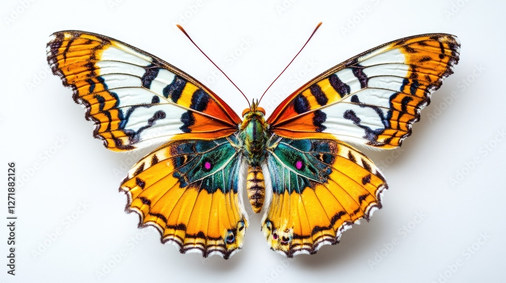 Obraz premium A macro shot of a colorful butterfly perched on a white background, with its vibrant wings spread open, displaying intricate patterns and textures.