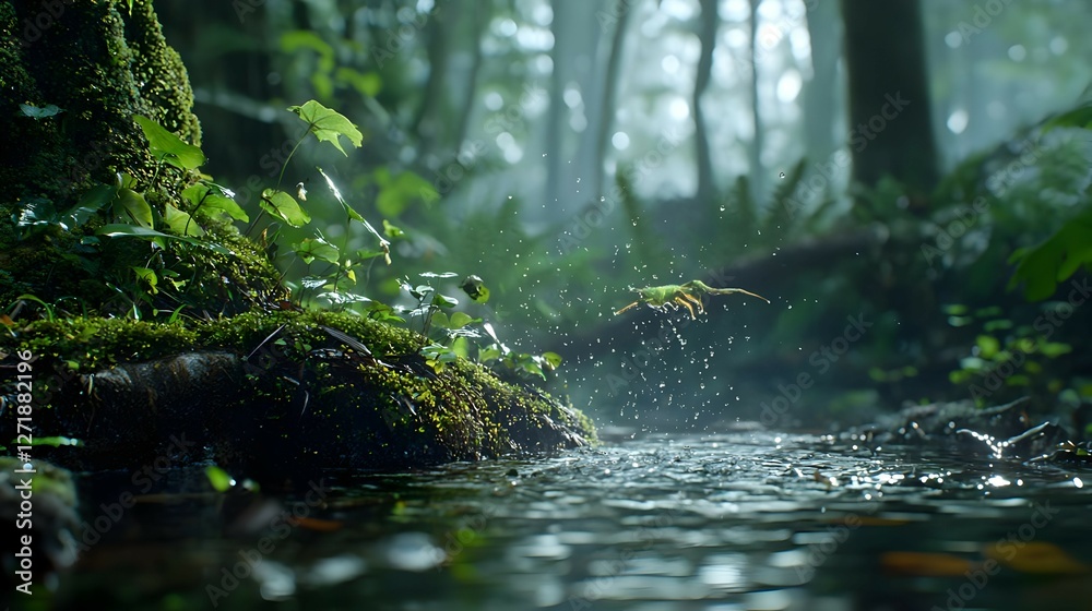 Fototapeta premium Lush Green Forest Stream with Water Drops and Sunlight