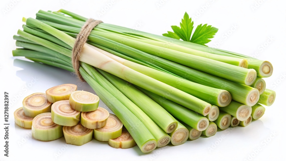 Fresh Lemongrass Stalks and Slices Isolated on White Background - Culinary Herb Photography Fresh Lemongrass Stalks and Slices Isolated on White Background - Culinary Herb Photography