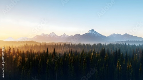 Serene Sunset over Misty Forest and Snowcapped Mountains