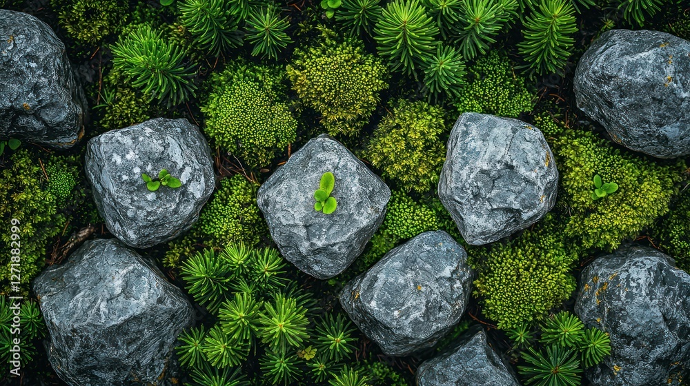 Gray stones nestled in vibrant moss and small plants, top view, nature design Gray stones nestled in vibrant moss and small plants, top view, nature design