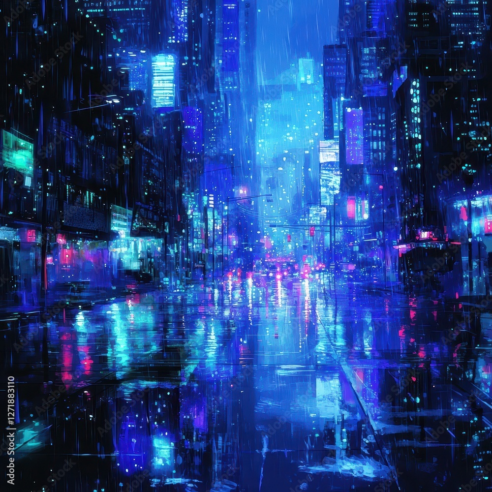 Fototapeta premium Rainy city street illuminated with blue and magenta lights
