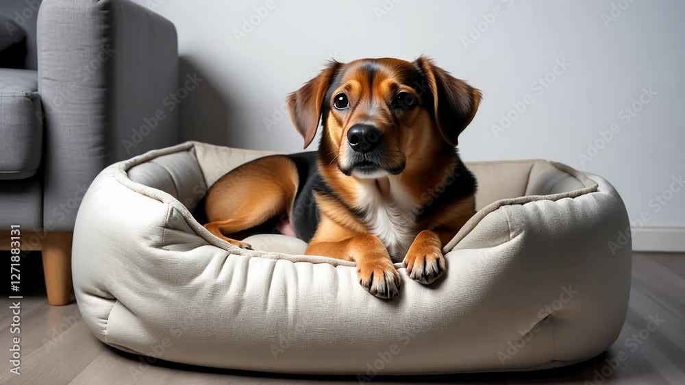 A dog enjoys a peaceful moment curled up in a soft, inviting bed in a well-lit living room. The space is cozy and welcoming with modern decor A dog enjoys a peaceful moment curled up in a soft, inviting bed in a well-lit living room. The space is cozy and welcoming with modern decor