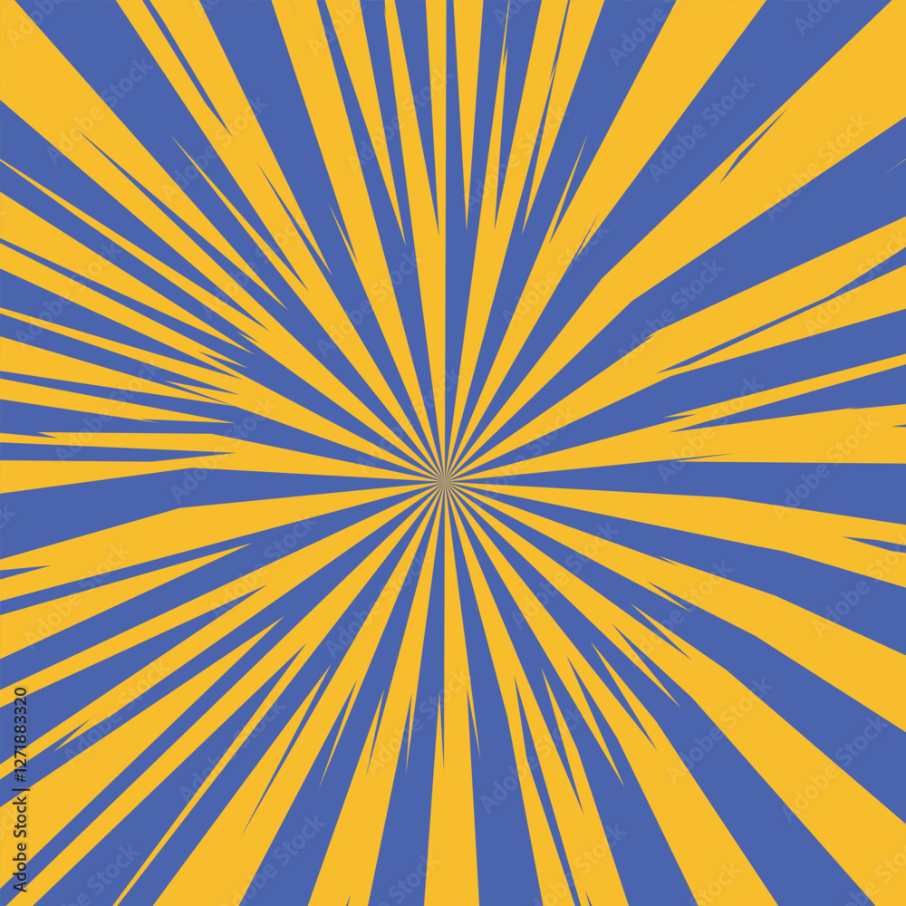 Obraz premium Pop art radial colorful comics book magazine cover. Striped blue digital background. Cartoon funny retro pattern strip mock up. Vector halftone illustration. Sunburst, starburst shape.