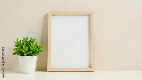 A simple, minimalist composition featuring a light-colored wooden frame next to a small potted plant, perfect for displaying artwork or a photograph.