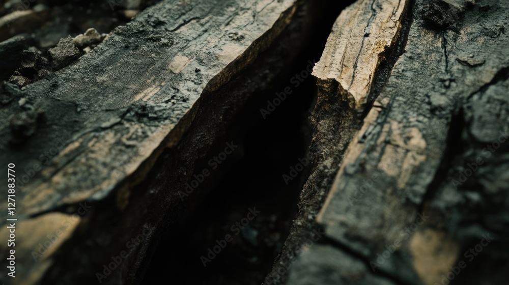 Charred wood split, ash background, close-up, texture, fire damage Charred wood split, ash background, close-up, texture, fire damage