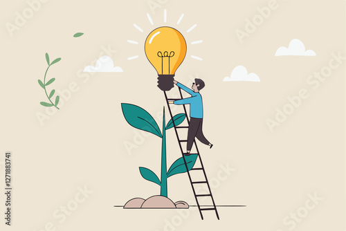 Creativity idea, solution or persuade success, climb up career ladder or business growth, improvement progress, personal development concept, businessman climb up ladder to reach lightbulb grow plant.