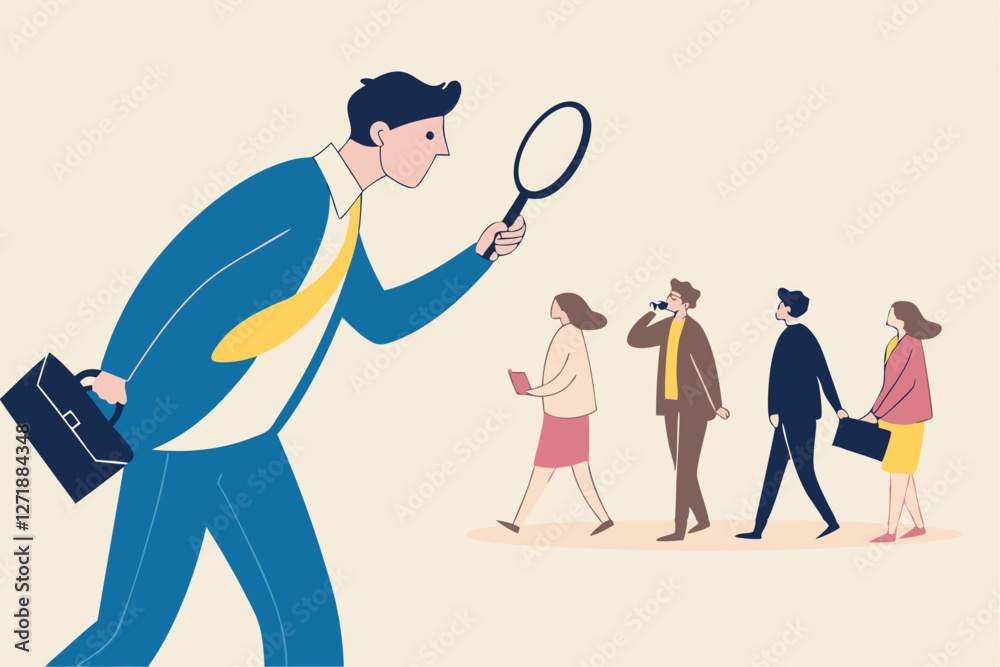 Recruitment searching the best candidate or job, Human resources, head hunt, choosing talent for job vacancy concept, employer boss or HR use magnifying glass to choose job interview people Recruitment searching the best candidate or job, Human resources, head hunt, choosing talent for job vacancy concept, employer boss or HR use magnifying glass to choose job interview people
