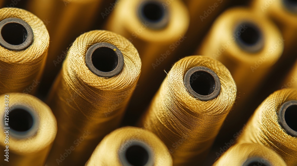 Golden spools of thread. Sewing thread. Craft sewing background Golden spools of thread. Sewing thread. Craft sewing background